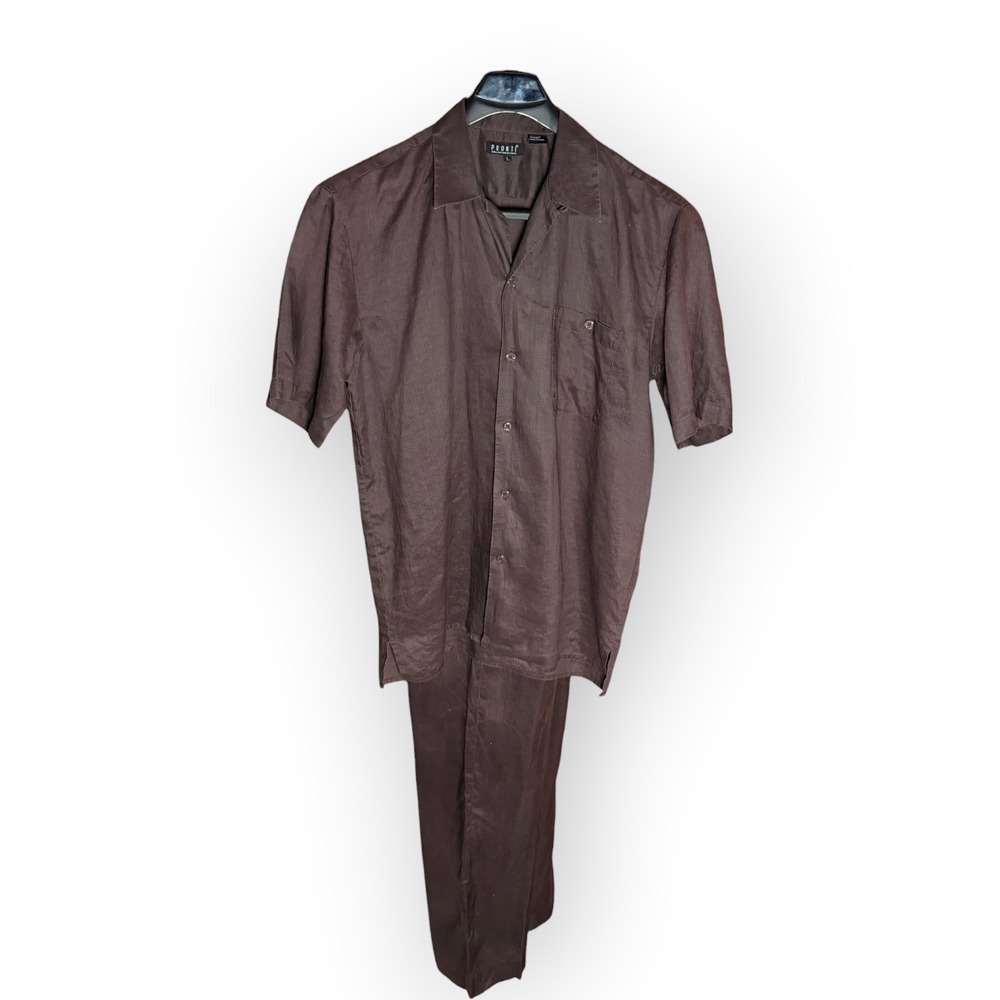 Pronti Collection Phita Mens Brown 100% Linen 2 Piece Shirt Pants Set L String